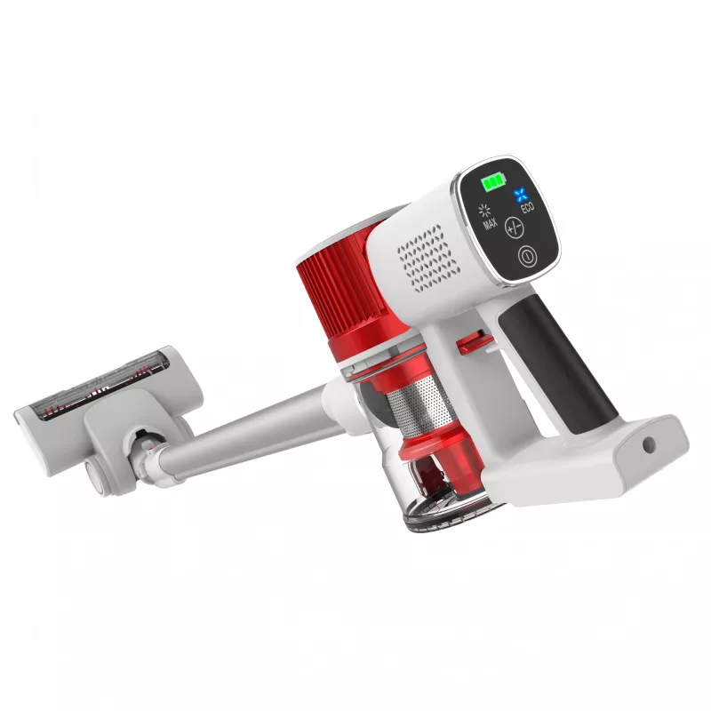 Aspirador com bateria Adler AD 7051 — 300 W máx., bateria 22,2 V, 0,6 L sem saco, tubo de aço inoxidável, EPA F8, luz LED, branco/vermelho