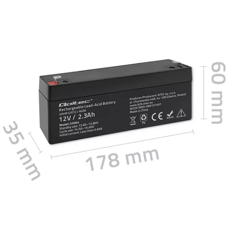 Bateria AGM selada QOLTEC 12V 2,3Ah para sistemas UPS e de backup, descarga máx. 34,5A