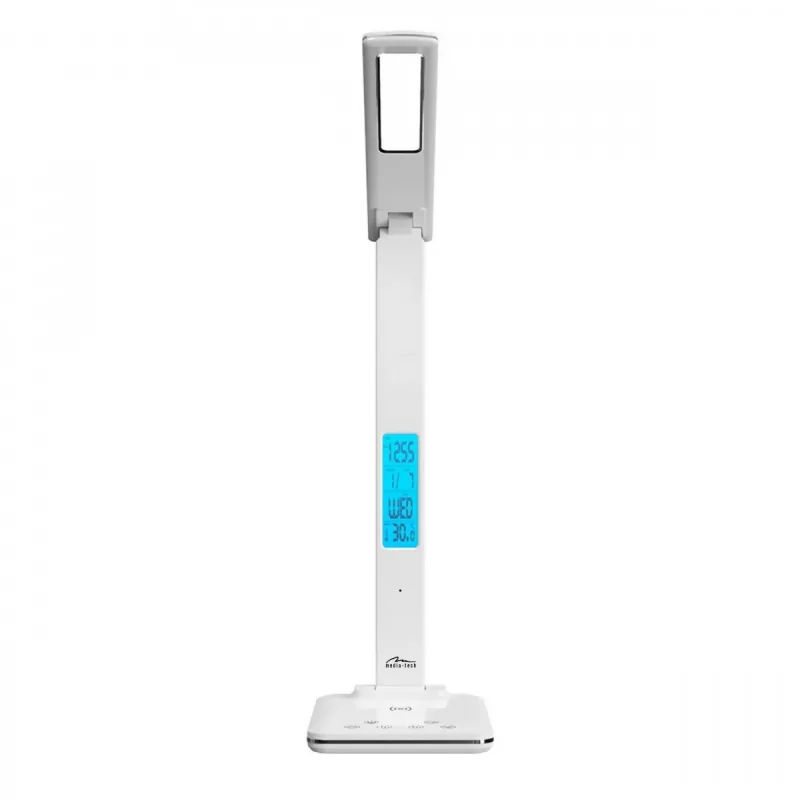 Media-Tech MT222 Leditou candeeiro de secretária LED com carregador sem fios Qi de 15 W, relógio, despertador, termómetro, branco