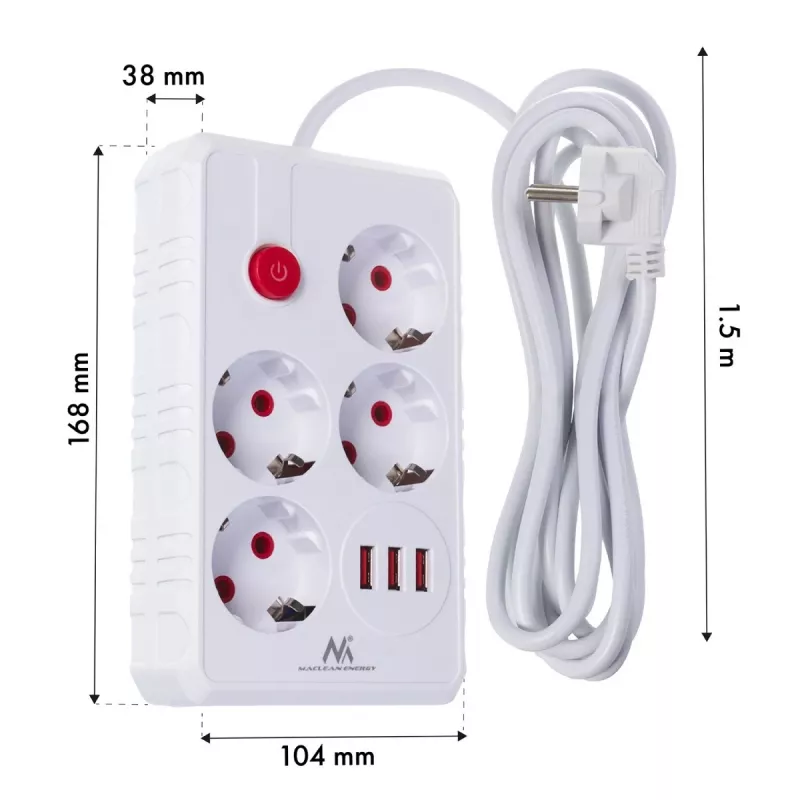 Extensão elétrica MACLEAN MCE392 W — 4 tomadas F, 3×USB A, 110–240 V, 2,1 A máx, 2500 W, cabo de 1,5 m, branco