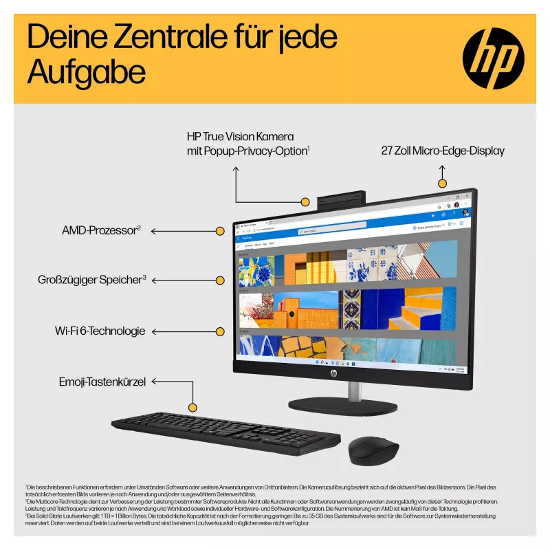HP 27-cr0471ng - All-in-One (solução completa) - Ryzen 7 7730U - RAM 16 GB - SSD 512 GB - NVMe - Radeon Graphics - 1GbE, Wi-Fi 6, Bluetooth - WLAN: 802.11a/b/g/n/ac/ax, Bluetooth