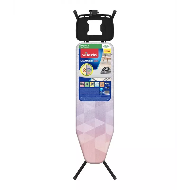 Tábua de passar a ferro de formato completo VILEDA Dimond Plus 173270 — 1200×380 mm, altura ajustável 77–97 cm, capa de algodão, pernas de aço, apoio para o ferro