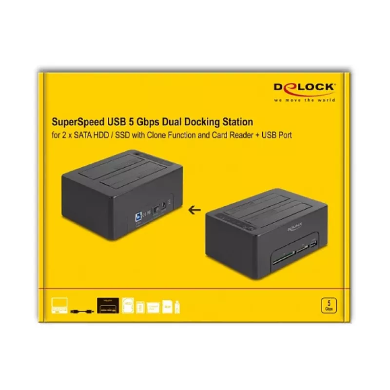 Estação de acoplamento USB dupla DeLOCK para 2 x SATA HDD SSD com função de clonagem e leitor de cartões