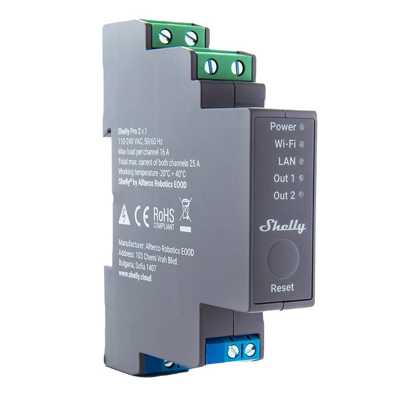 Interruptor de relé Shelly Pro 2 para calha DIN WiFi/LAN/Bluetooth