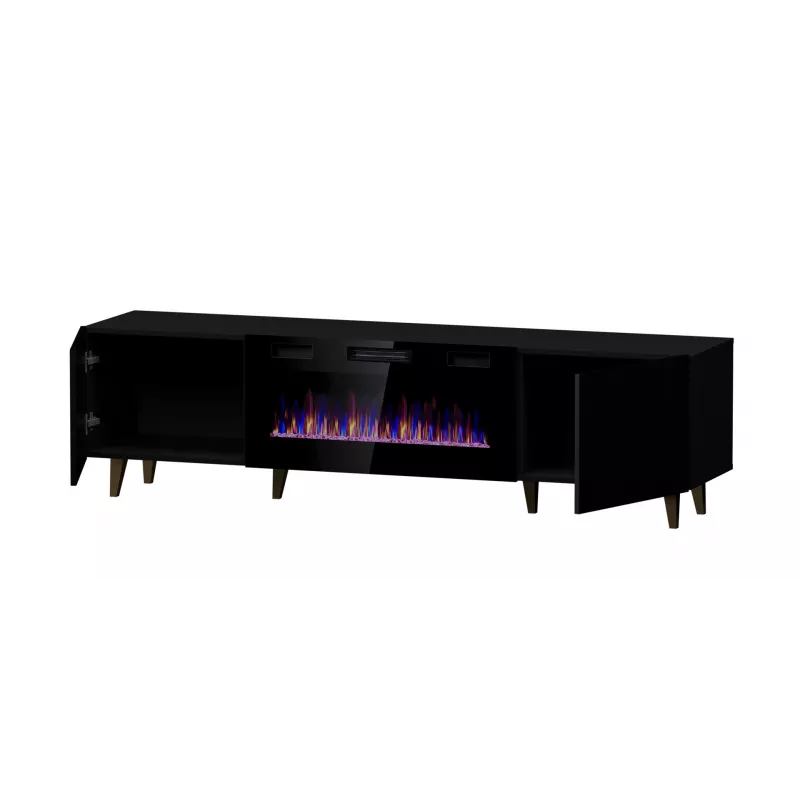Móvel de TV Cama Meble PAFOS EF com lareira elétrica 180x42x49 cm, preto mate, 2 portas, 1400–1600 W