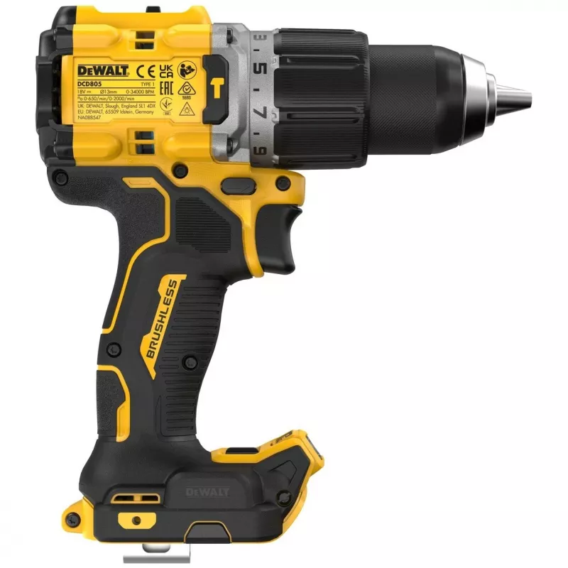 Berbequim de punho de pistola DeWalt DCD805NT-XJ — 18 V sem escovas, 2000 rpm, 90 N·m, bucha de 13 mm, 1,34 kg