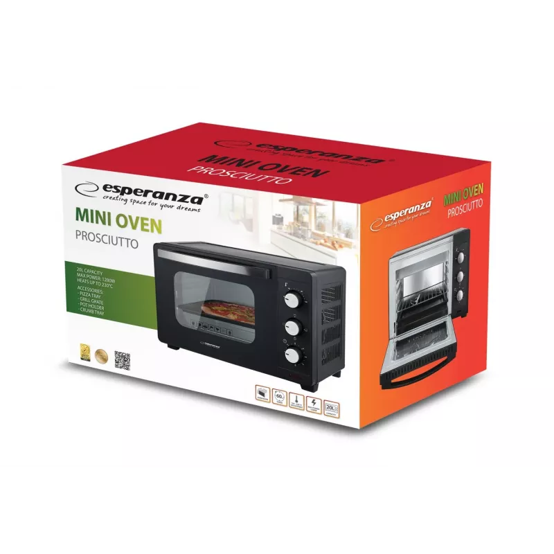 Mini-forno ESPERANZA EKO008N – 20 L, 1280–1300 W, até 230 °C, temporizador de 60 minutos, botões rotativos, porta de vidro, independente