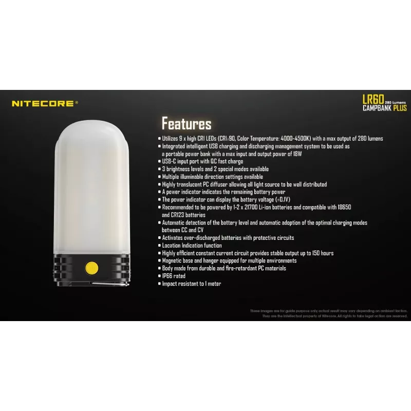 Lanterna de campismo a pilhas Nitecore LR60 280 lm USB C