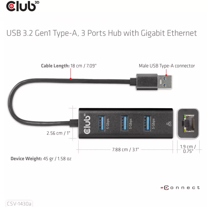 Hub USB CLUB3D USB 3.2 Gen1 Type-A com 3 portas e Gigabit Ethernet