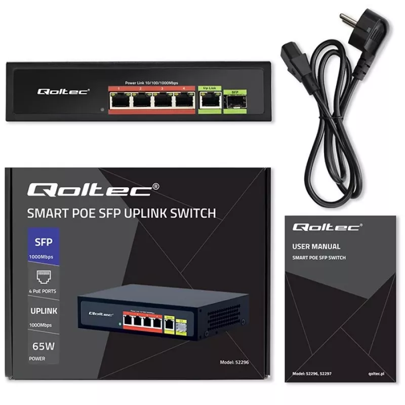Switch Ethernet PoE QOLTEC 52296 — 4 portas RJ45 PoE, 1 uplink RJ45