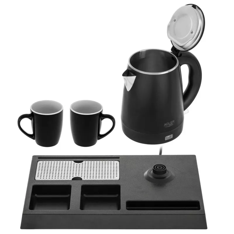 Adler AD 1387 chaleira elétrica de hotel com tabuleiro e chávenas, 1 l, aço inoxidável