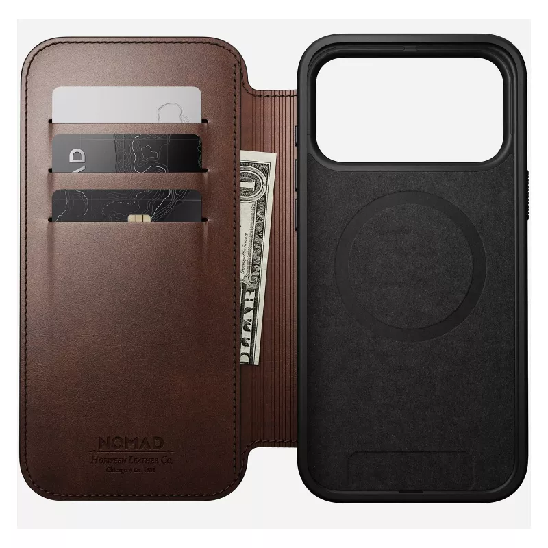 Capa para telemóvel tipo carteira Nomad Modern Leather Folio para iPhone 17 Pro Max — castanha, pele, ecrã de 6,3 polegadas, 4 compartimentos para cartões