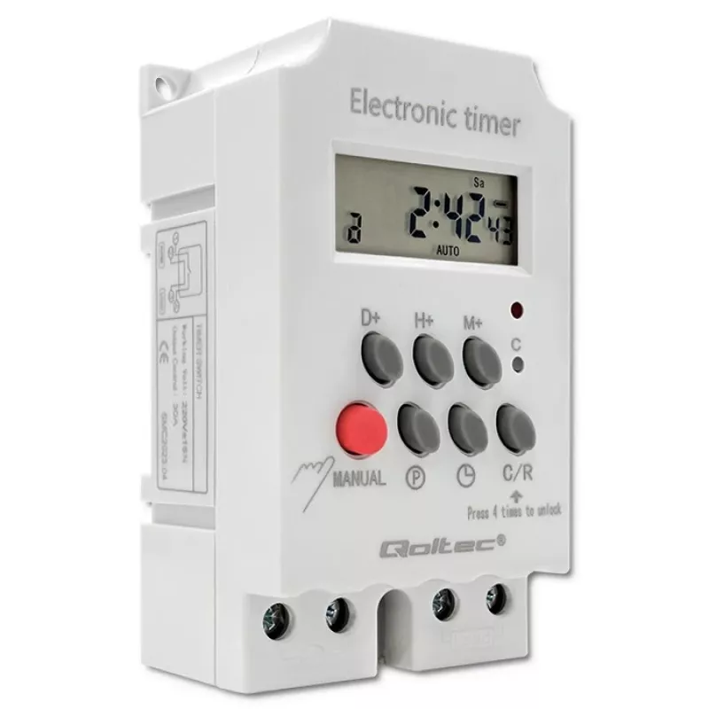 Temporizador eletrónico para calha DIN QOLTEC PC0629 — alimentação 24V, saída 16A