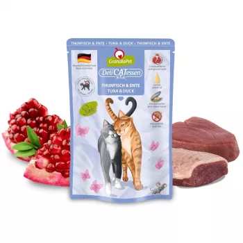 Comida húmida para gatos Fox4Pets DeliCATessen Atum e Pato 85 g saco, alimento completo sem cereais para gatos adultos