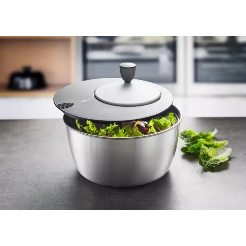 Centrífuga de salada GEFU Rotare aço inoxidável, acionamento por manivela, 3 L, caixa em aço inoxidável, redonda