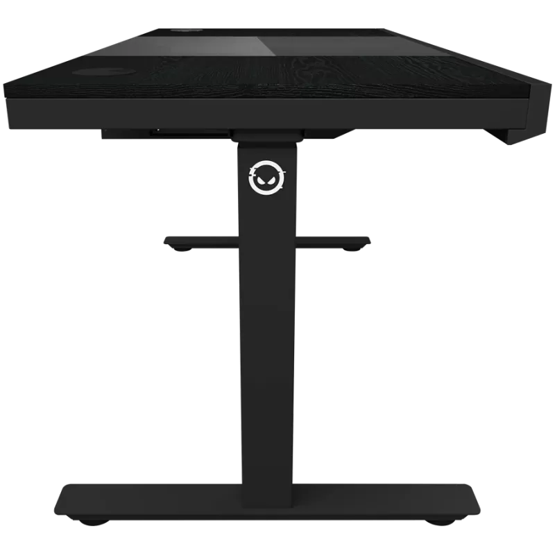 Secretária gaming de altura ajustável sentado/em pé com motor duplo, caixa de PC integrada, carregador sem fios, iluminação RGB, painel de controlo e portas USB, tampo em melamina PB, preto