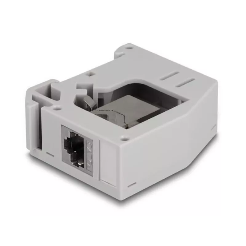 Adaptador para calha DIN DeLOCK conector fêmea RJ45 para conector fêmea RJ45 Cat.6A cinzento