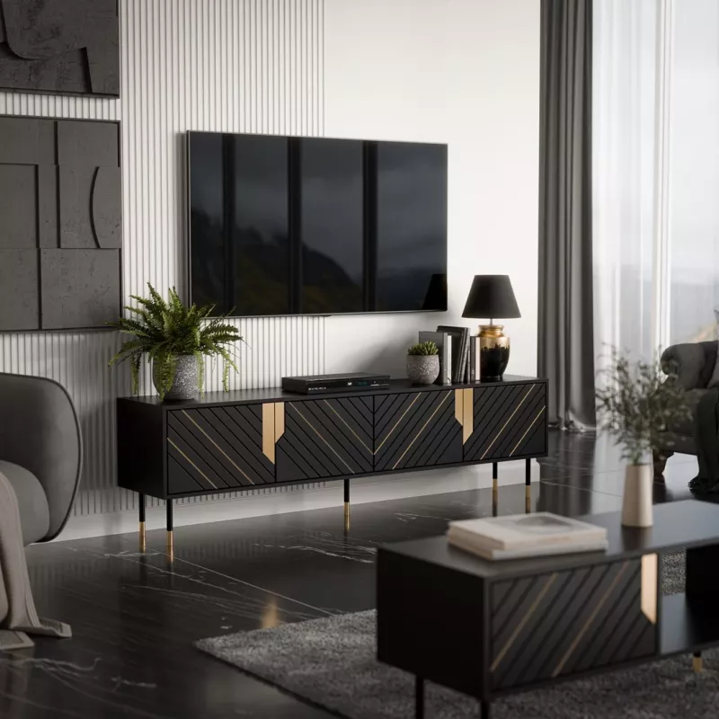 Móvel de TV cama meble Cama 4D MOUNTAIN 2040×400×550 mm preto + dourado aglomerado revestido tampo