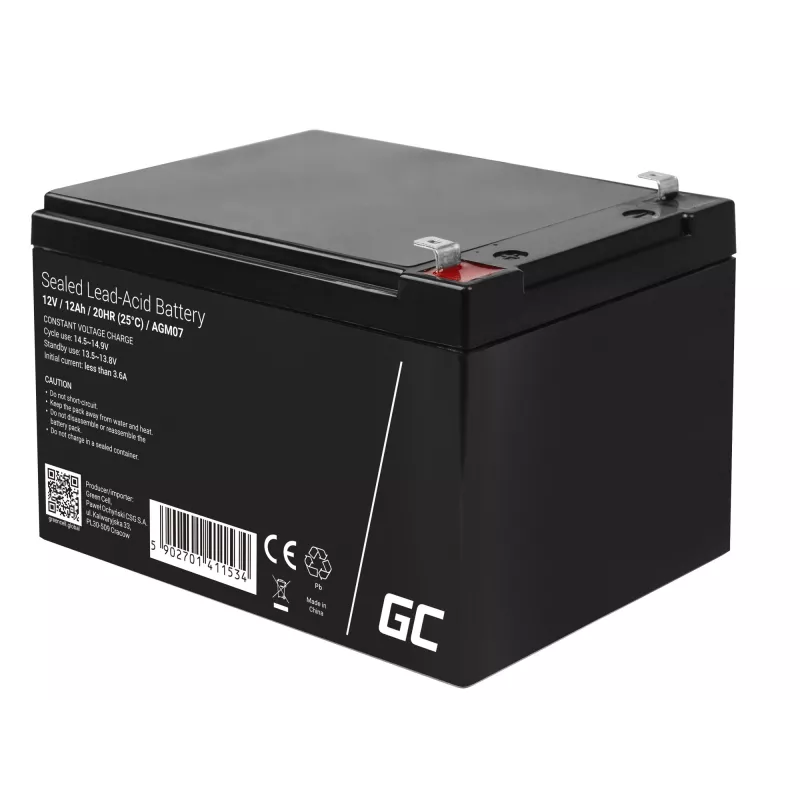 Bateria AGM Green Cell 12V 12Ah – chumbo-ácido selada (VRLA), 151×98×95 mm, 3,3 kg