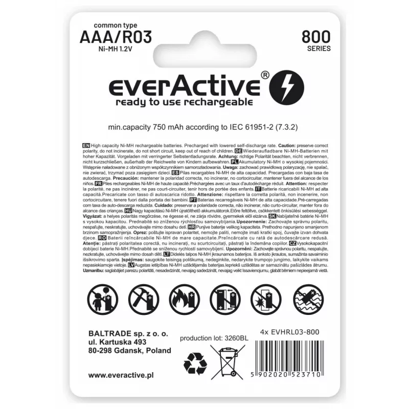 Pilhas recarregáveis AAA NiMH everActive EVHRL03-800 – 1,2 V, 4 unid., cilíndricas 44,5×10,5 mm