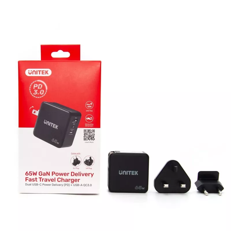 Carregador universal móvel Unitek P1117B USB-C PD 65W, 2x USB‑C PD + 1x USB‑A, preto
