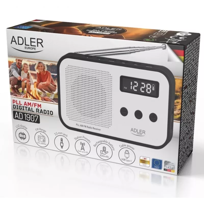 Adler AD 1907 rádio digital PLL, AM/FM, 40 estações pré-definidas, alarme com soneca, USB-C, bateria recarregável integrada, ficha de 3,5 mm, branco/preto