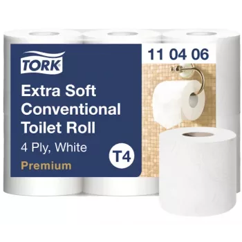 Papel higiénico Tork Premium Extra Soft Conventional T4 — rolos de 4 folhas 9,7 cm x 19,1 m, pacote de 6
