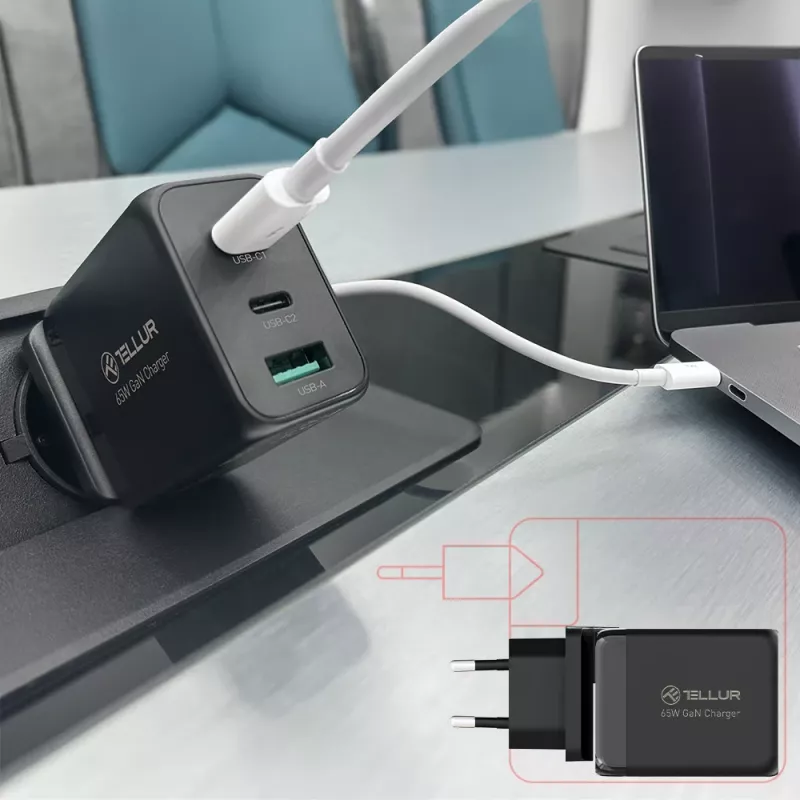 Carregador de parede Tellur TLL151451 65W, 3 portas (2x USB-C, 1x USB-A)