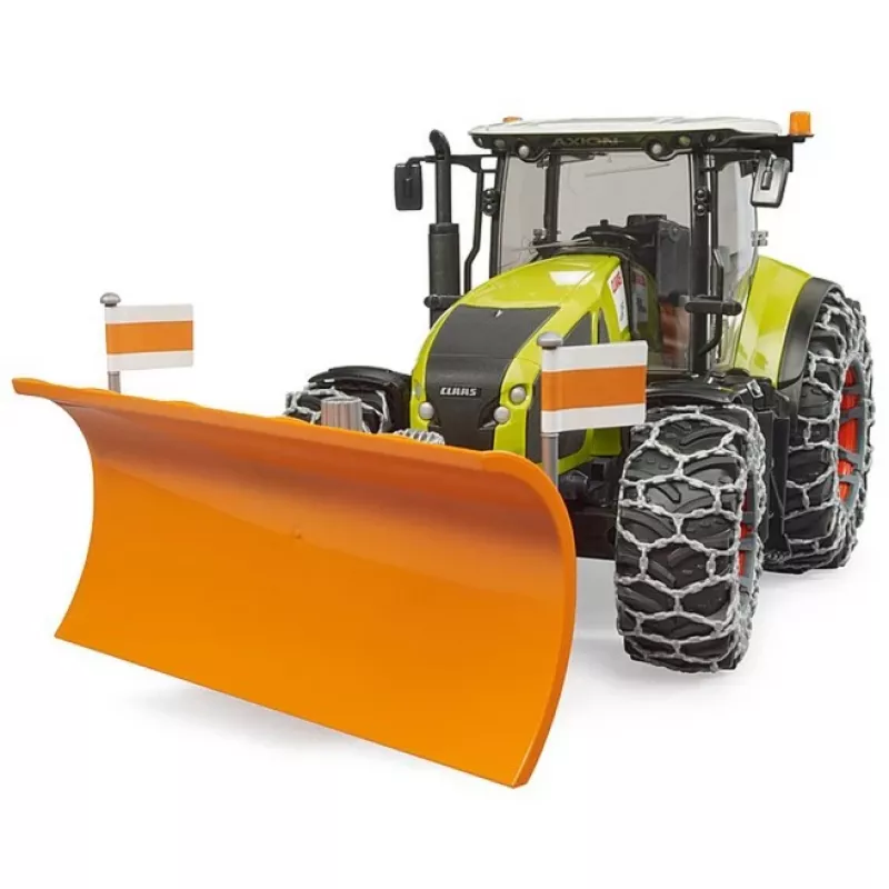 Trator de brinquedo BRUDER Claas Axion 950 com correntes de neve e pá de neve, modelo à escala