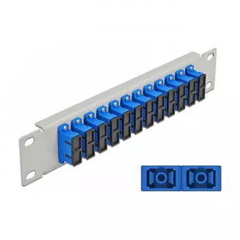 Patch panel de fibra ótica DeLOCK 10 polegadas 12 portas SC duplex azul 1U cinzento