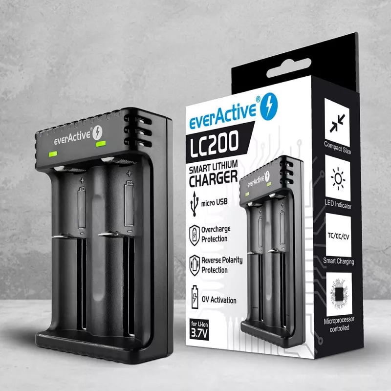 Carregador de pilhas everActive LC200 doméstico USB, 2 compartimentos, Li-Ion, compatível com A/AA/AAA/AAAA/C/D, entrada 5 V, saída 4,2 V, preto