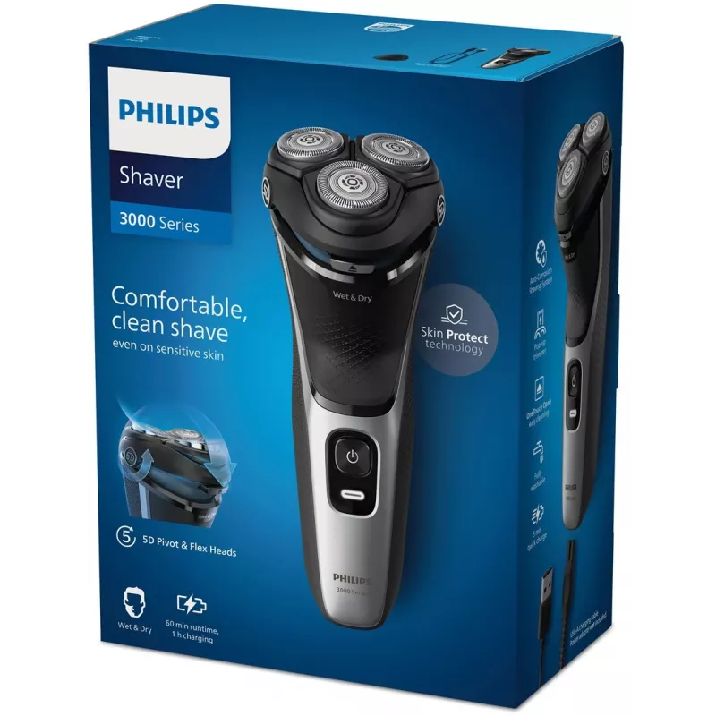 Máquina de barbear elétrica Philips 3000 Series S3143/00 — sistema rotativo de 3 cabeças, húmido e seco, Li-Ion, 60 minutos de autonomia