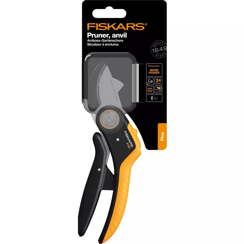 Tesoura de poda Fiskars Plus PowerLever bigorna preto laranja