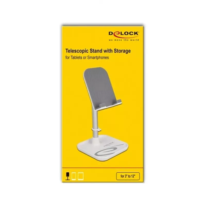 Suporte telescópico DeLOCK para smartphone e tablet com prateleira, prateado/branco