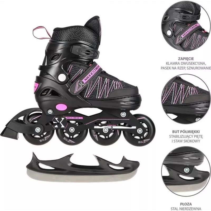 Patins 2IN1 Nils Extreme NH11912 A PRETO/ROSA TAM. S (31-34) com patins de hóquei substituíveis