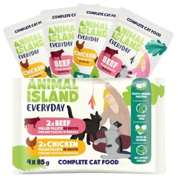 ANIMAL ISLAND Everyday Filetes de frango e vaca em caldo - Alimento húmido para gatos - 4 x 85 g