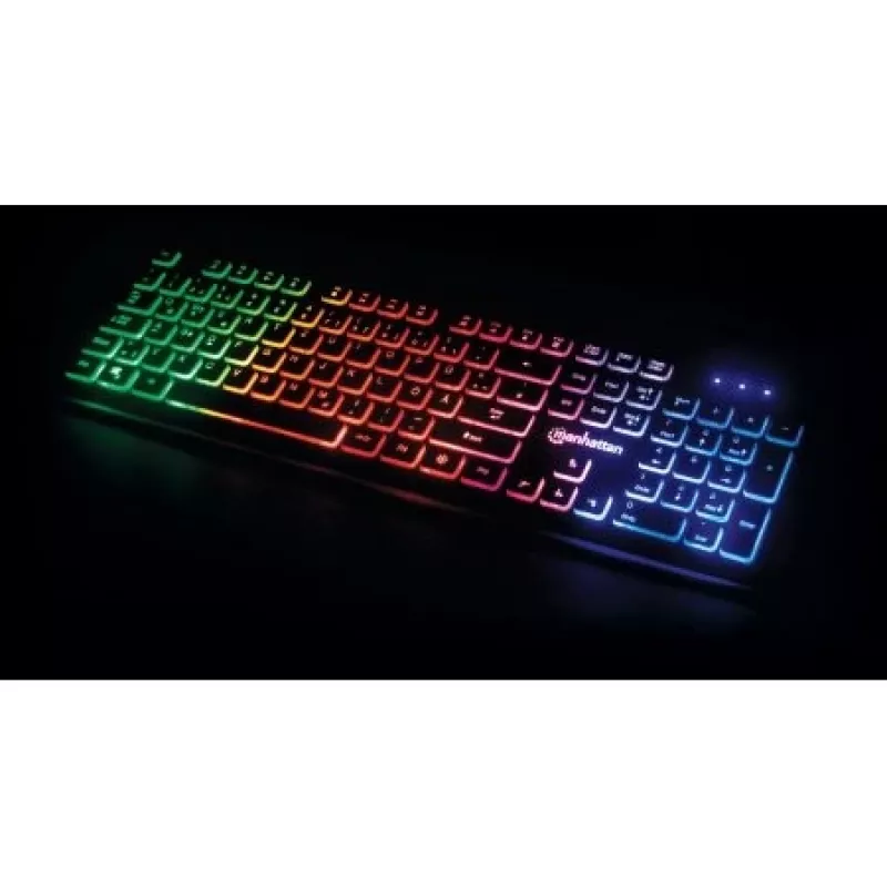 Manhattan Teclado Gaming USB, Low Force Key Edition, 12 teclas multimédia, retroiluminação LED Rainbow, USB-A, preto, caixa retail (layout alemão)