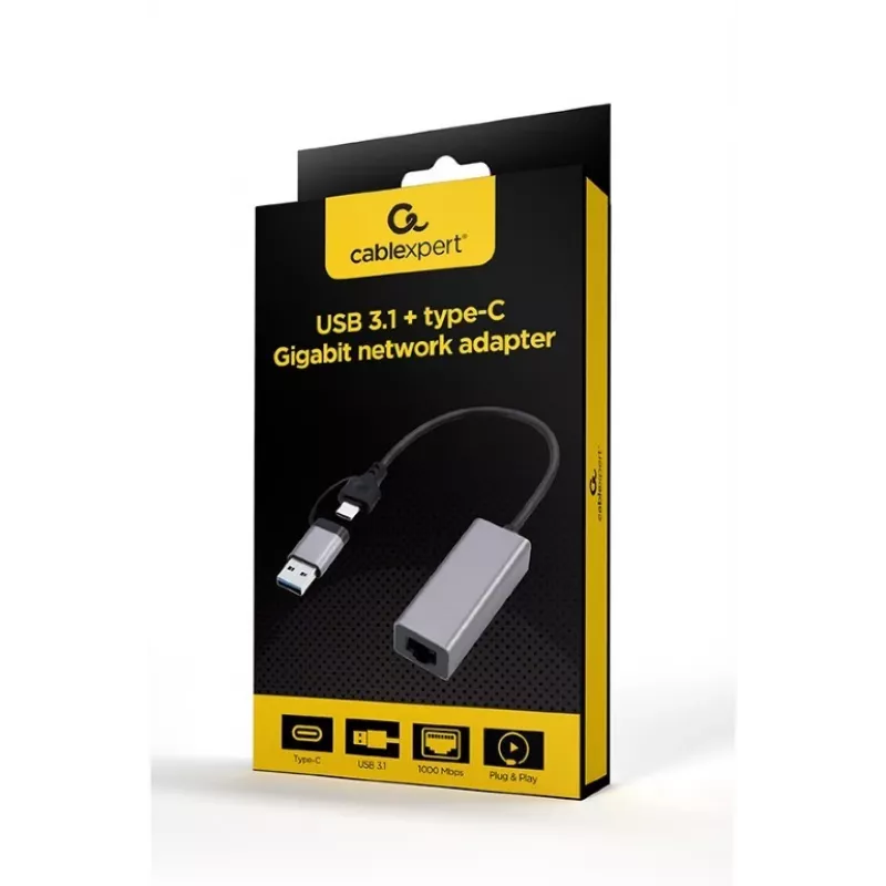 Gembird A-USB3AC-LAN-01 adaptador de rede Gigabit USB 3.1 + Type-C, 1x RJ-45, 10/100/1000 Mbps, caixa metálica, space grey
