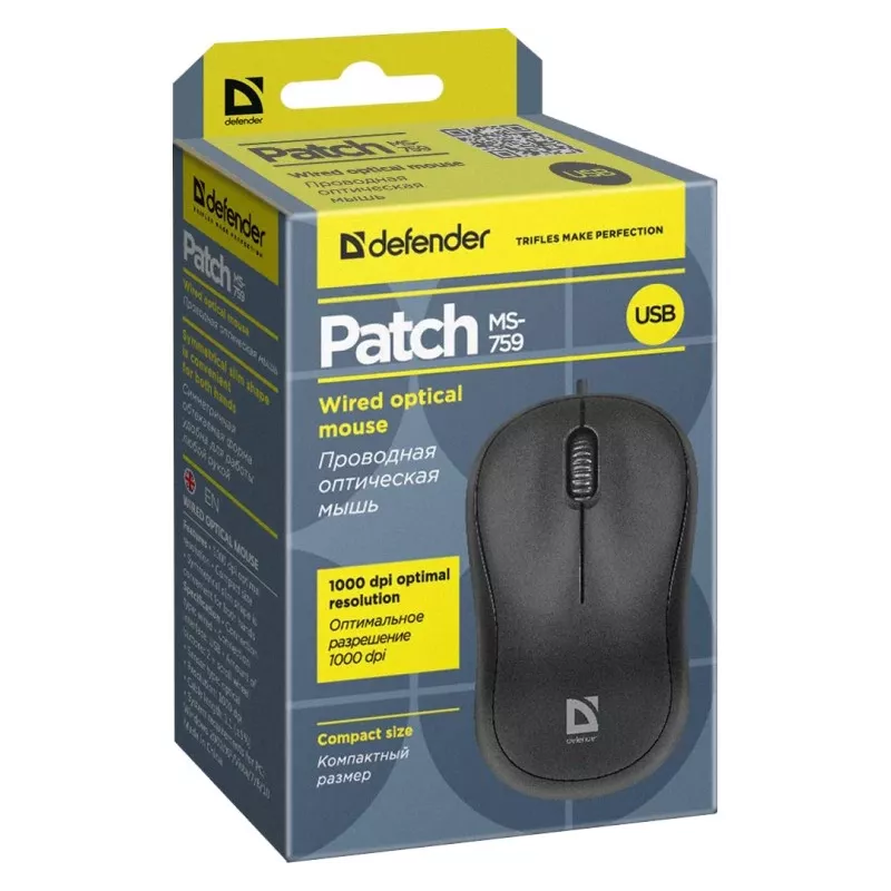Rato ótico com fios DEFENDER PATCH MS-759 USB Type-A, ambidestro, 1000 DPI, preto