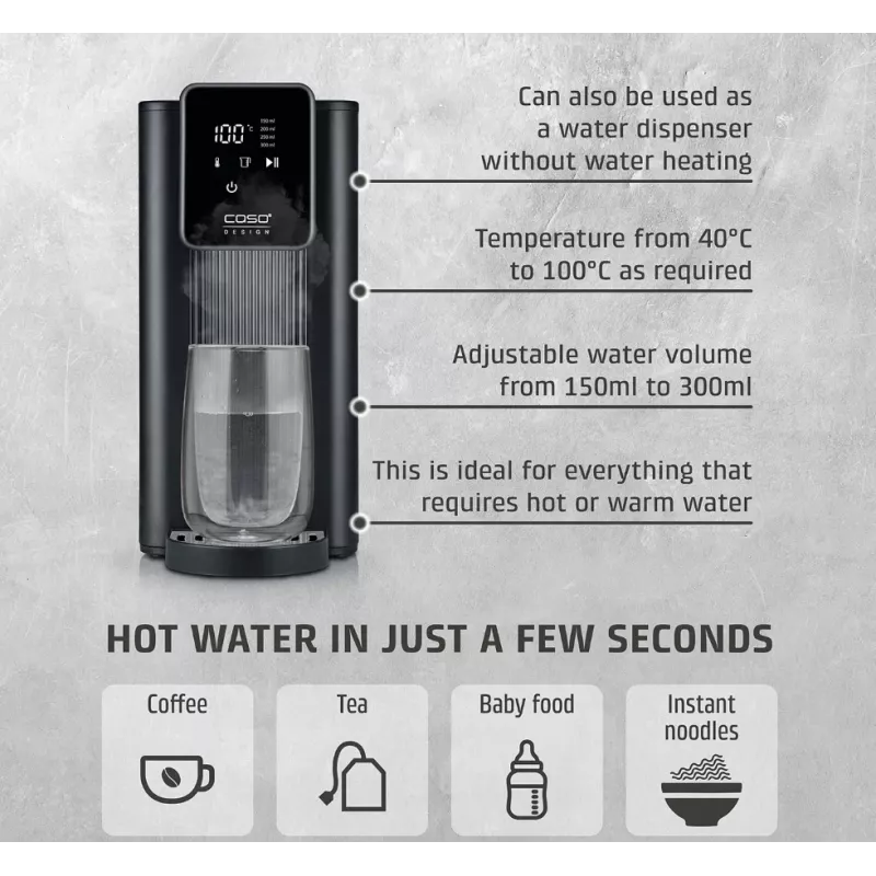 Dispensador de água quente Caso Turbo | HW 616 | dispensador de água | 2600 W | 2,5 L | plástico/aço inoxidável | preto/aço inoxidável