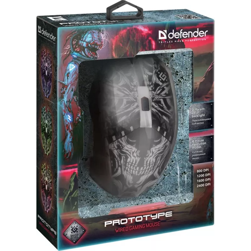 Defender PROTOTYPE GM-670L rato gaming, ótico, 2400 DPI, com fio USB, ambidestro, iluminado, preto