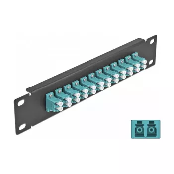 Patch panel de fibra ótica DeLOCK 10 polegadas 12 portas LC duplex aqua 1U preto