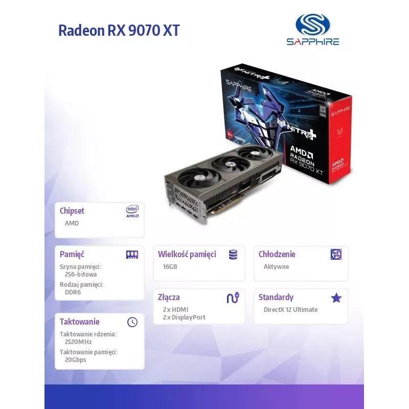 Placa gráfica Sapphire Radeon RX 9070 XT, 16 GB GDDR6, PCIe 5.0, 256 bits, 330W TDP