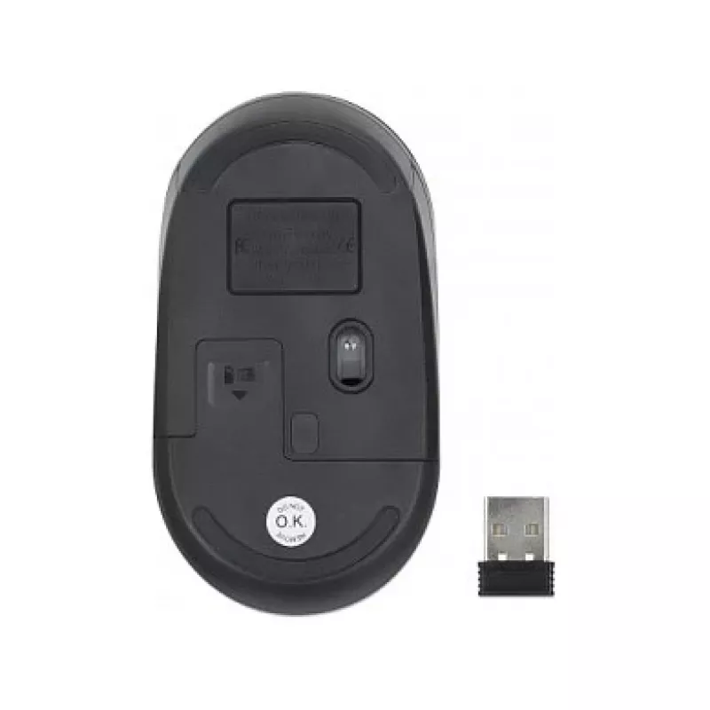 Rato sem fios Manhattan Performance III, preto, 1000 dpi, 2,4 GHz (até 10 m), USB, ótico, ambidestro, três botões com roda de scroll, recetor nano USB, pilha AA (não incluída), base de baixo atrito, três anos de garantia