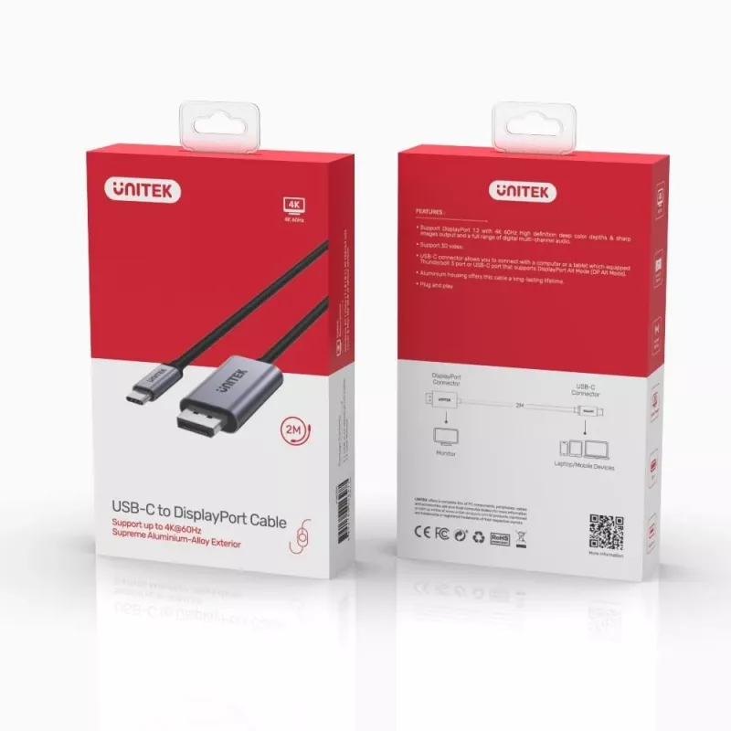 Adaptador de cabo UNITEK V1409A USB-C DisplayPort preto, cinzento