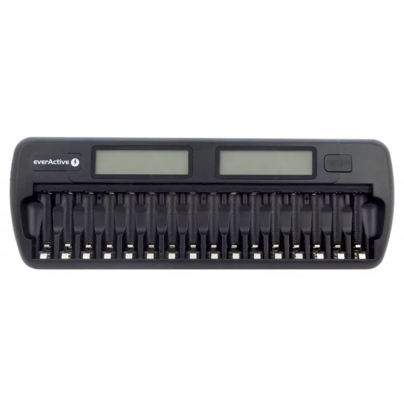 Carregador de baterias everActive NC-1600 — carregador universal DC para Li-Ion, suporta 16 células, tamanhos compatíveis AA/AAA/C, preto, AC 100–240V 50–60Hz