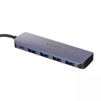 Hub USB Unitek P5+ — 5 portas (4 × USB 3.2 Gen 2 Type-A), host USB 3.2 Gen 1, 5 Gbit/s, 10 W PD, alumínio, cinzento