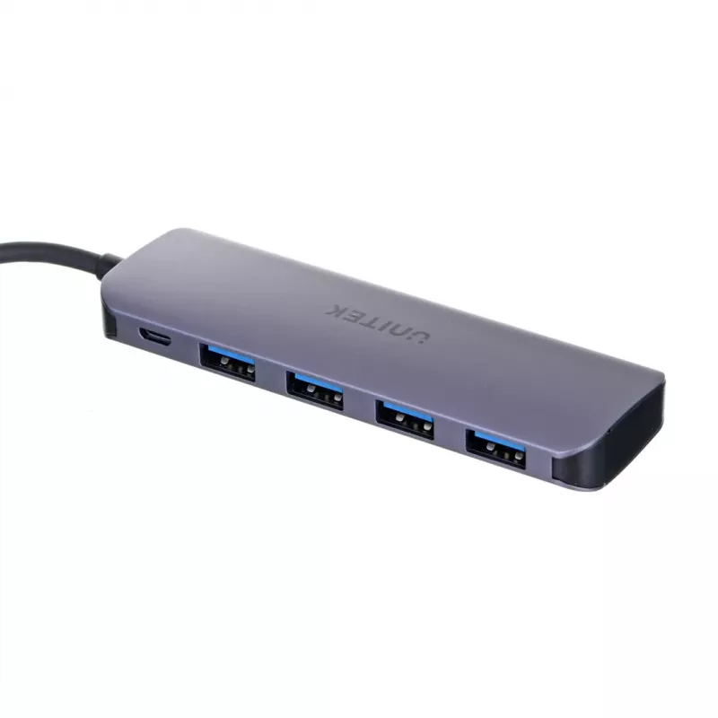 Hub USB Unitek P5+ — 5 portas (4 × USB 3.2 Gen 2 Type-A), host USB 3.2 Gen 1, 5 Gbit/s, 10 W PD, alumínio, cinzento