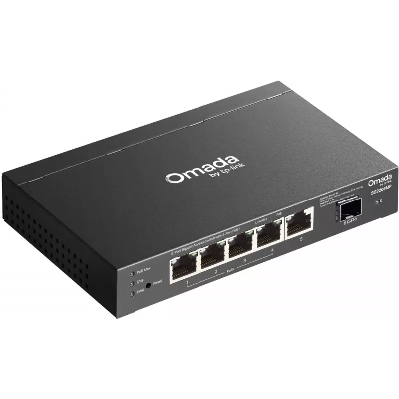 Switch de rede TP‑LINK SG2206MP L2 Gigabit Ethernet PoE 5 portas (5x Gigabit, 1x SFP, PoE+ 4 portas, orçamento 63W)