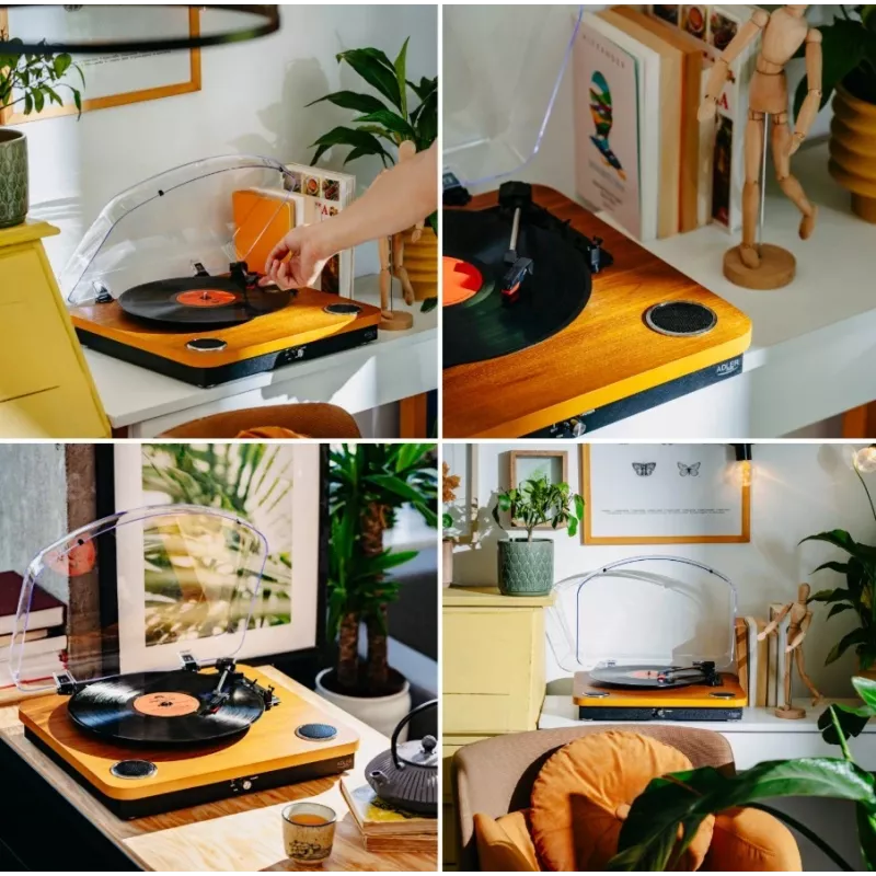 Adler AD 1914e gira-discos com USB, Bluetooth, 33 1/3 e 45 rpm, cápsula cerâmica, altifalantes integrados de 2x0,8 W, saída RCA